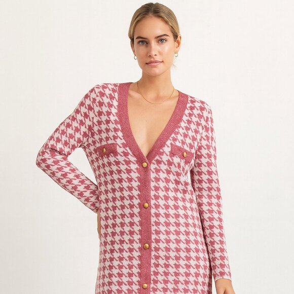 FIGARO Pink White Houndstooth Cardigan Dress Size 3 Long Sleeve Made in Greece - Picture 14 of 14
